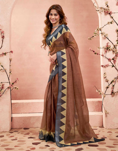 Ready To Wear Chocolate Brown Linen Printed Printed Saree