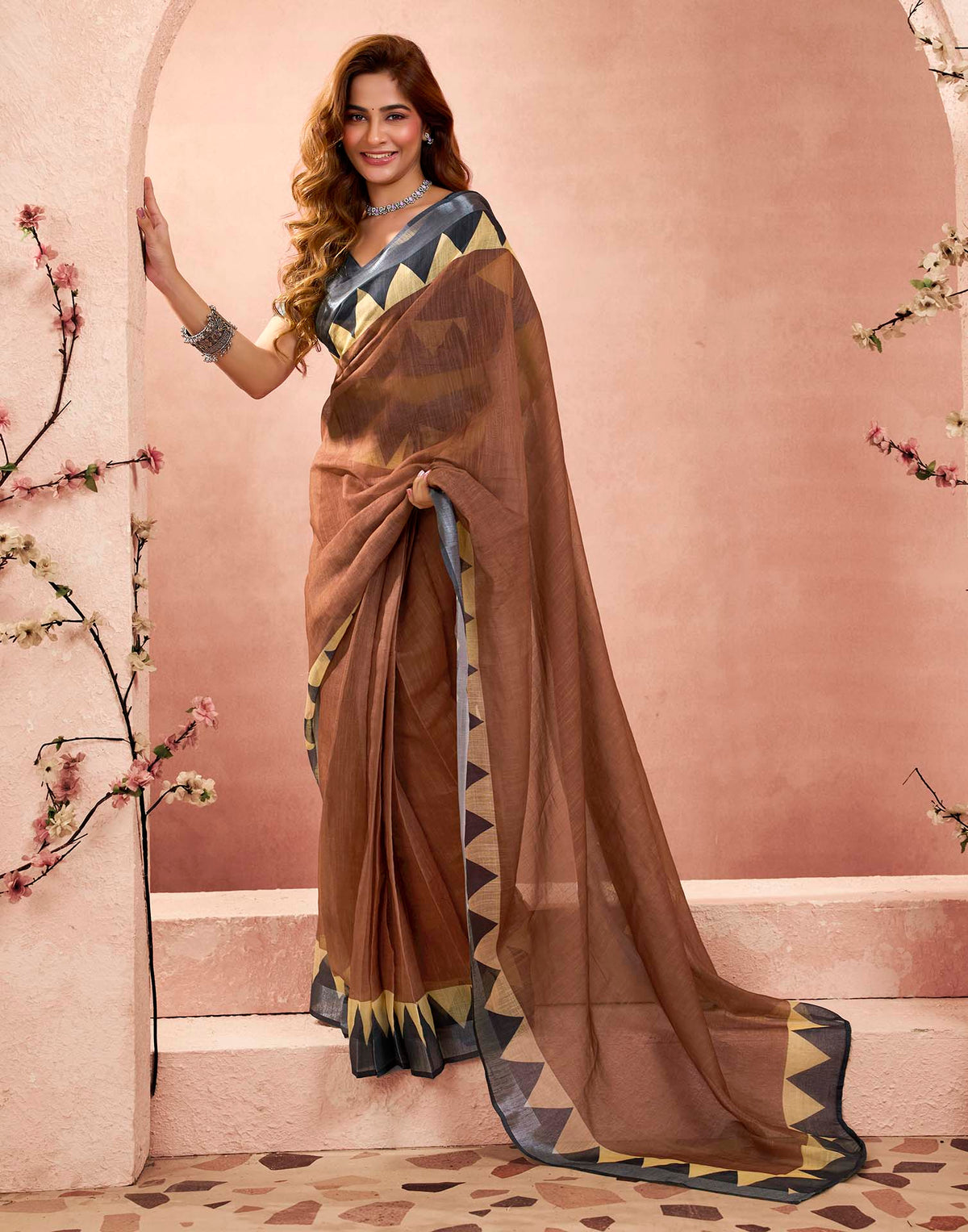 Ready To Wear Chocolate Brown Linen Printed Printed Saree
