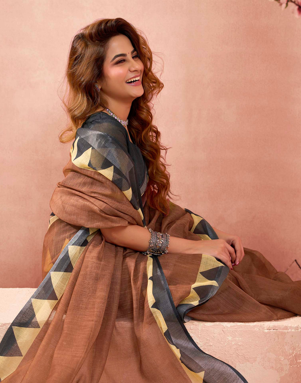 Ready To Wear Chocolate Brown Linen Printed Printed Saree