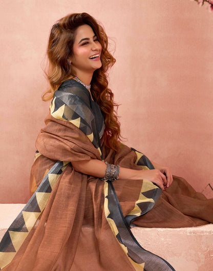 Ready To Wear Chocolate Brown Linen Printed Printed Saree