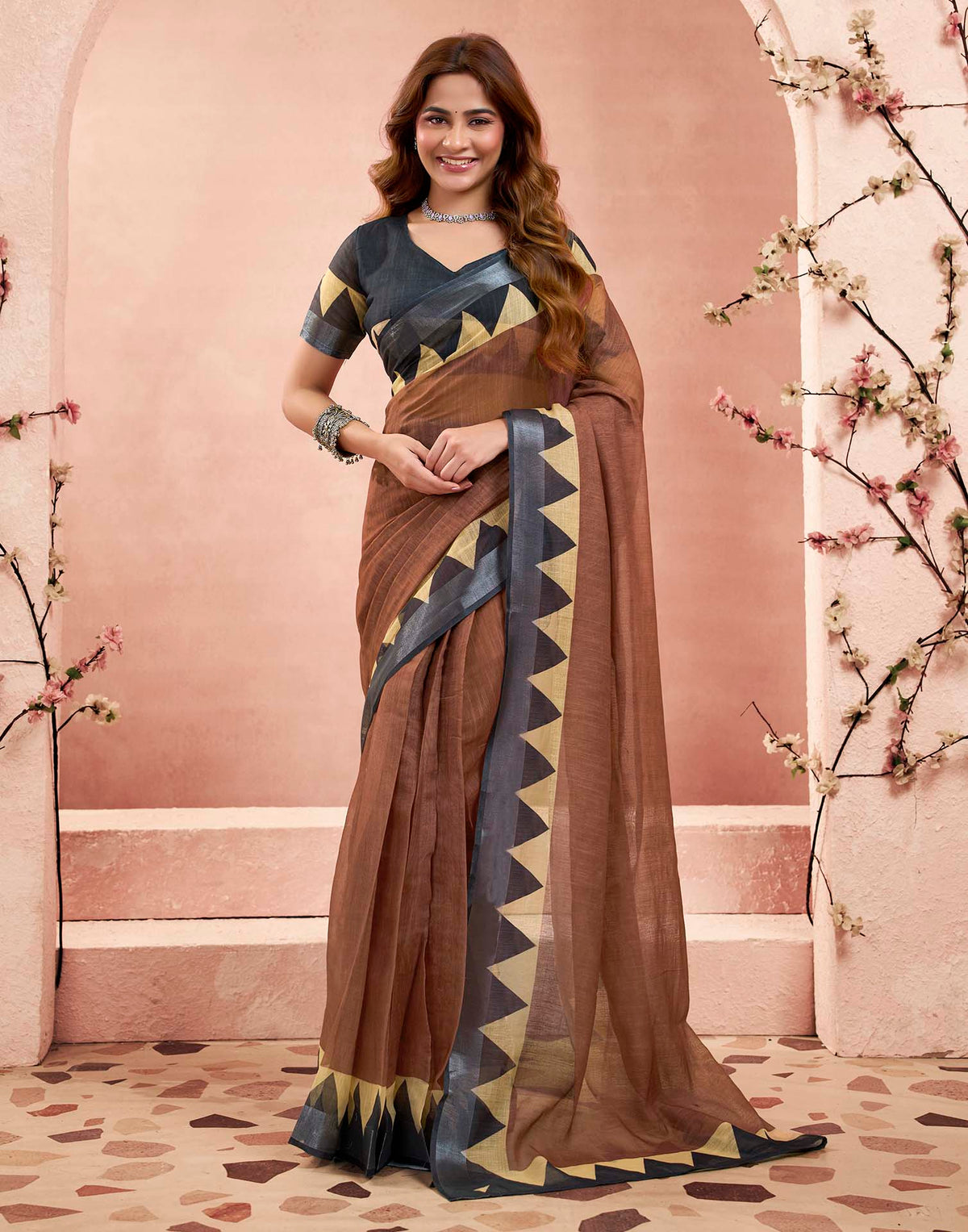 Ready To Wear Chocolate Brown Linen Printed Printed Saree