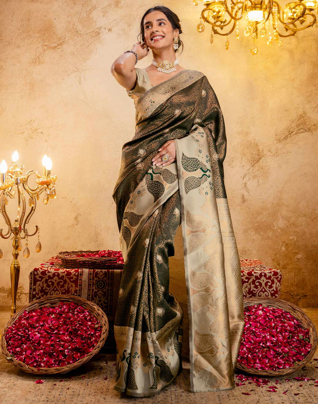 Dark Green Silk Woven Kanjivaram Saree
