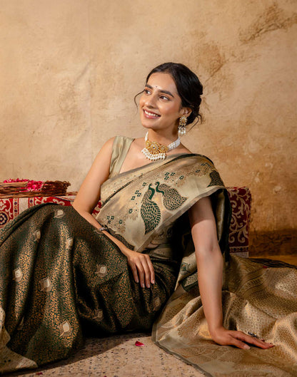 Dark Green Silk Woven Kanjivaram Saree