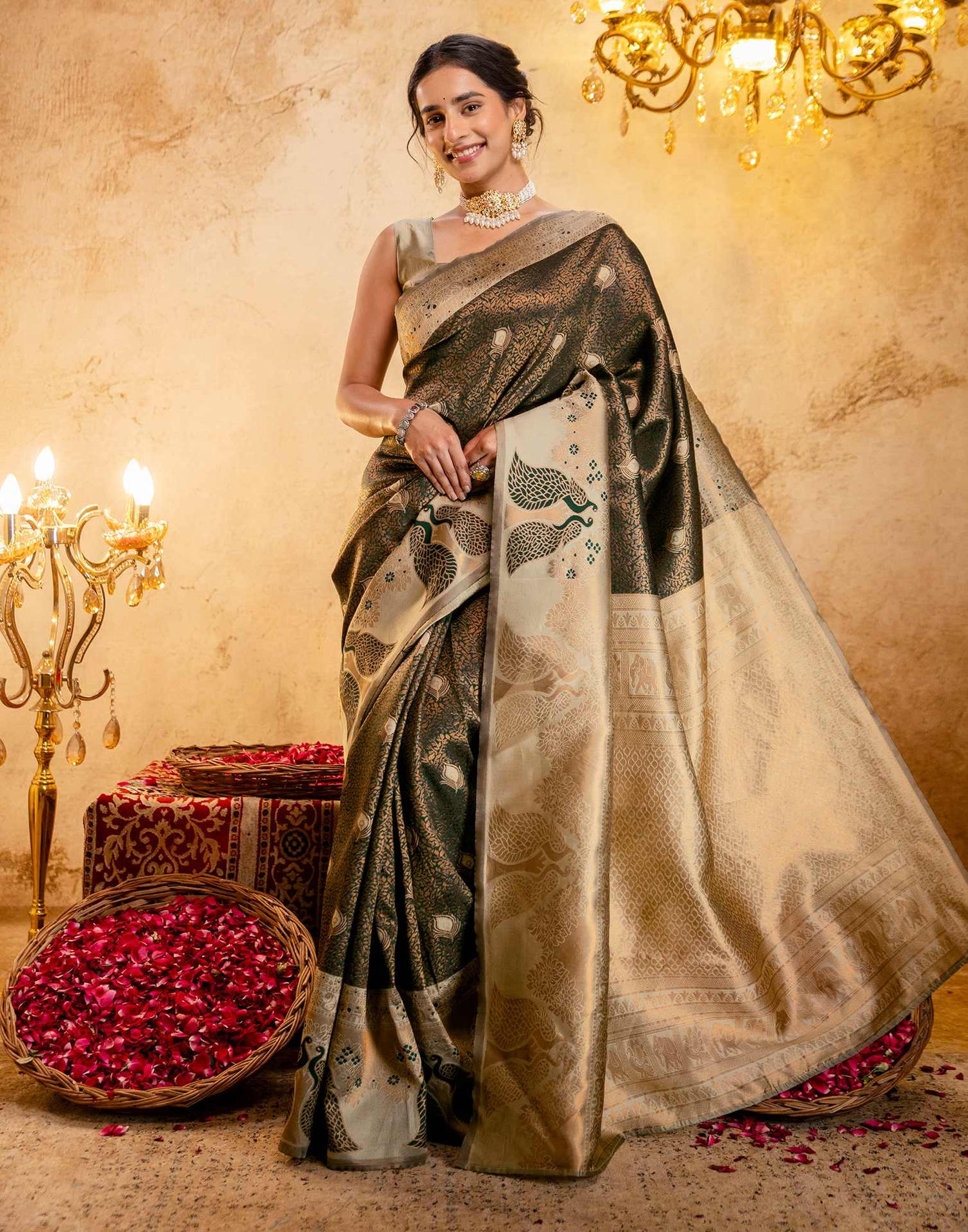 Dark Green Silk Woven Kanjivaram Saree
