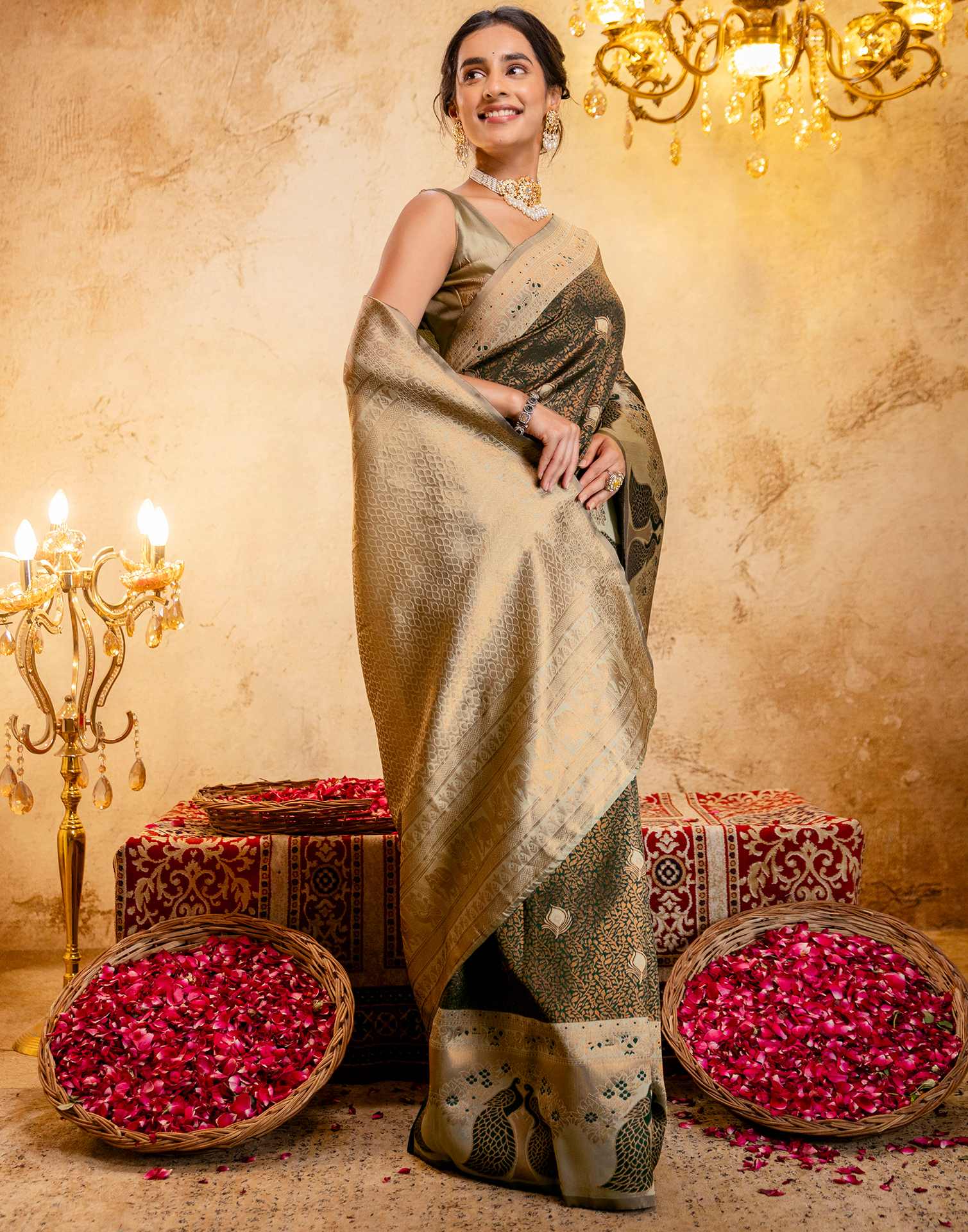 Dark Green Silk Woven Kanjivaram Saree