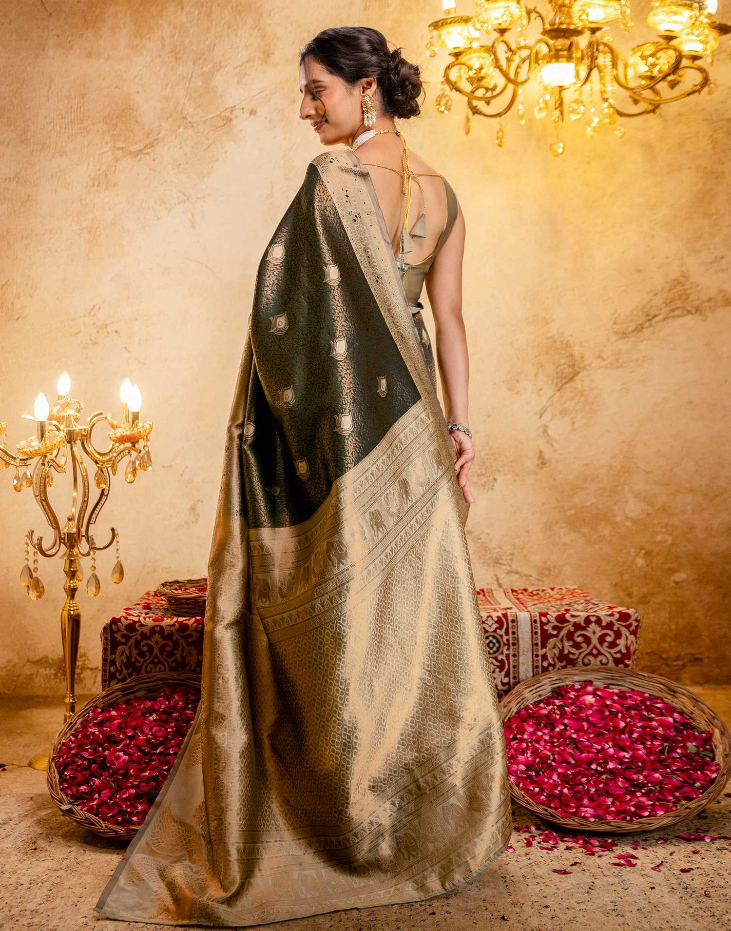 Dark Green Silk Woven Kanjivaram Saree