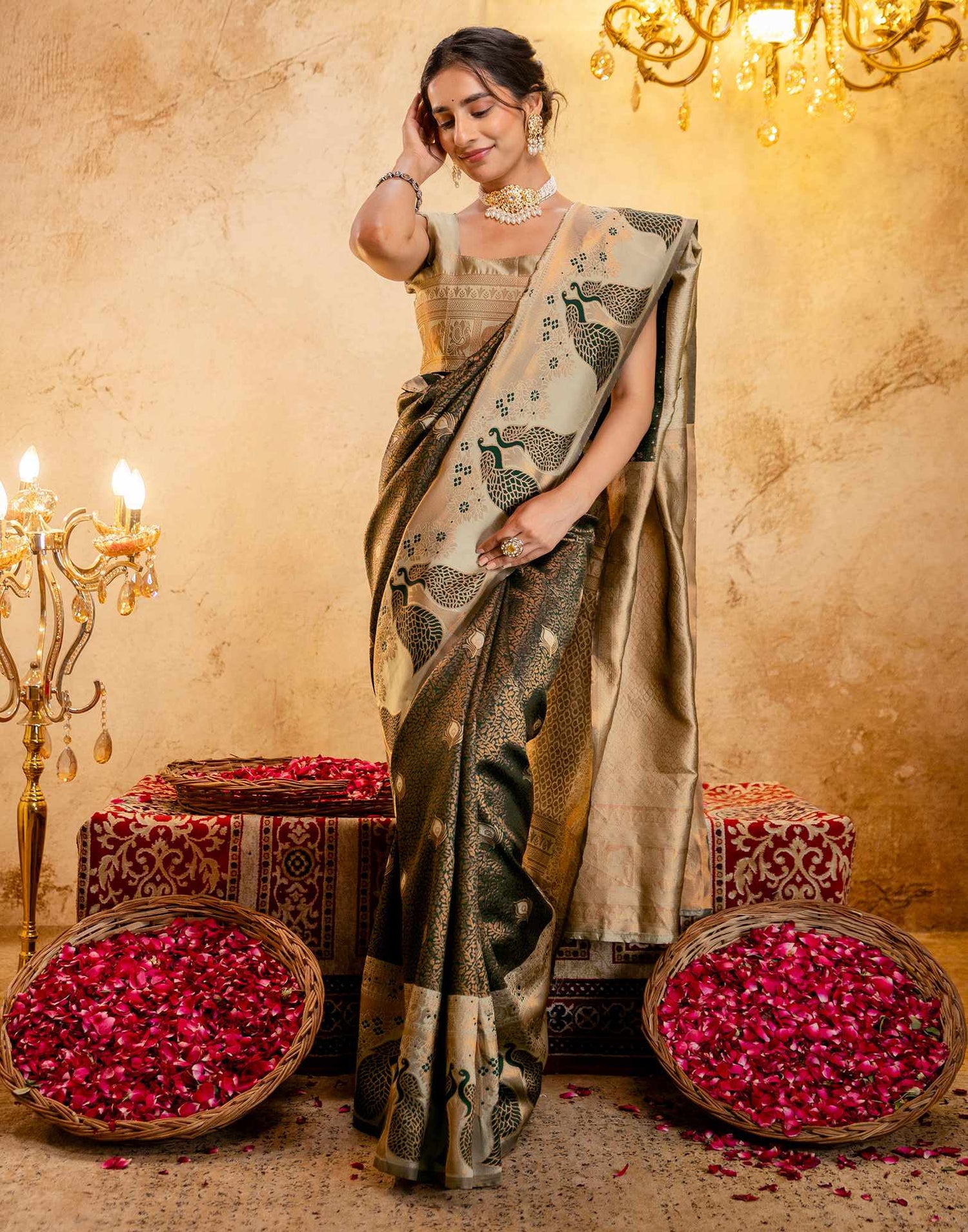 Dark Green Silk Woven Kanjivaram Saree
