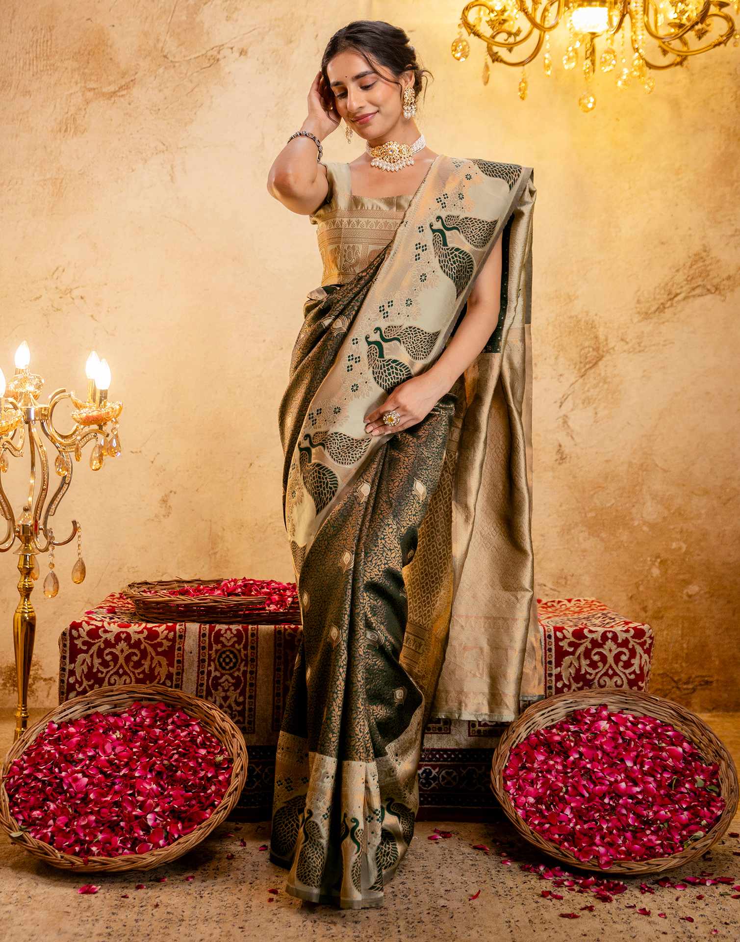 Dark Green Silk Woven Kanjivaram Saree