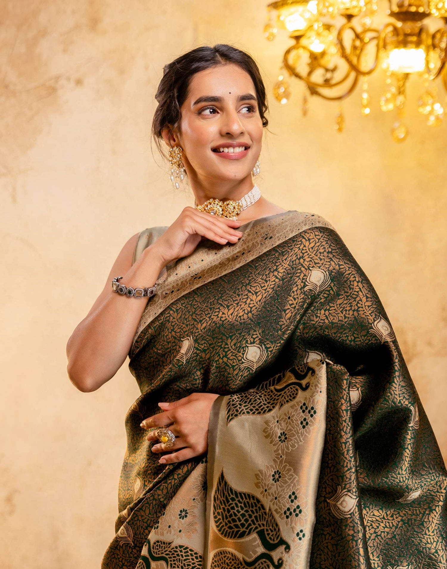 Dark Green Silk Woven Kanjivaram Saree