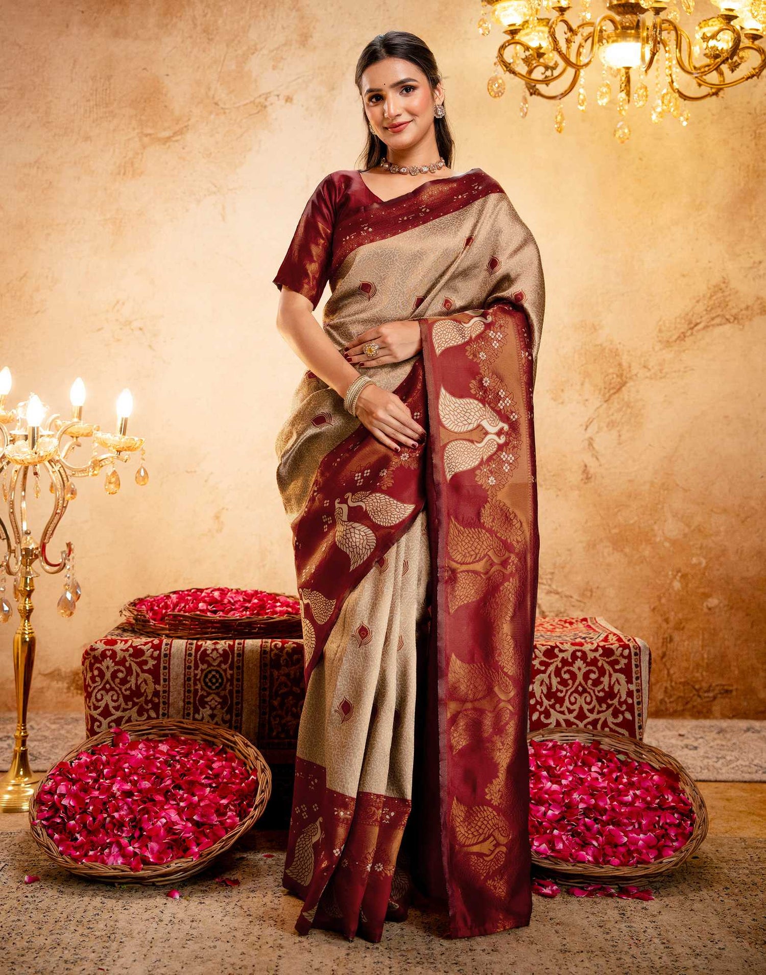 Beige Silk Woven Kanjivaram Saree