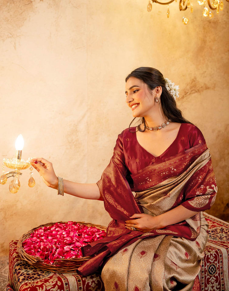 Beige Silk Woven Kanjivaram Saree