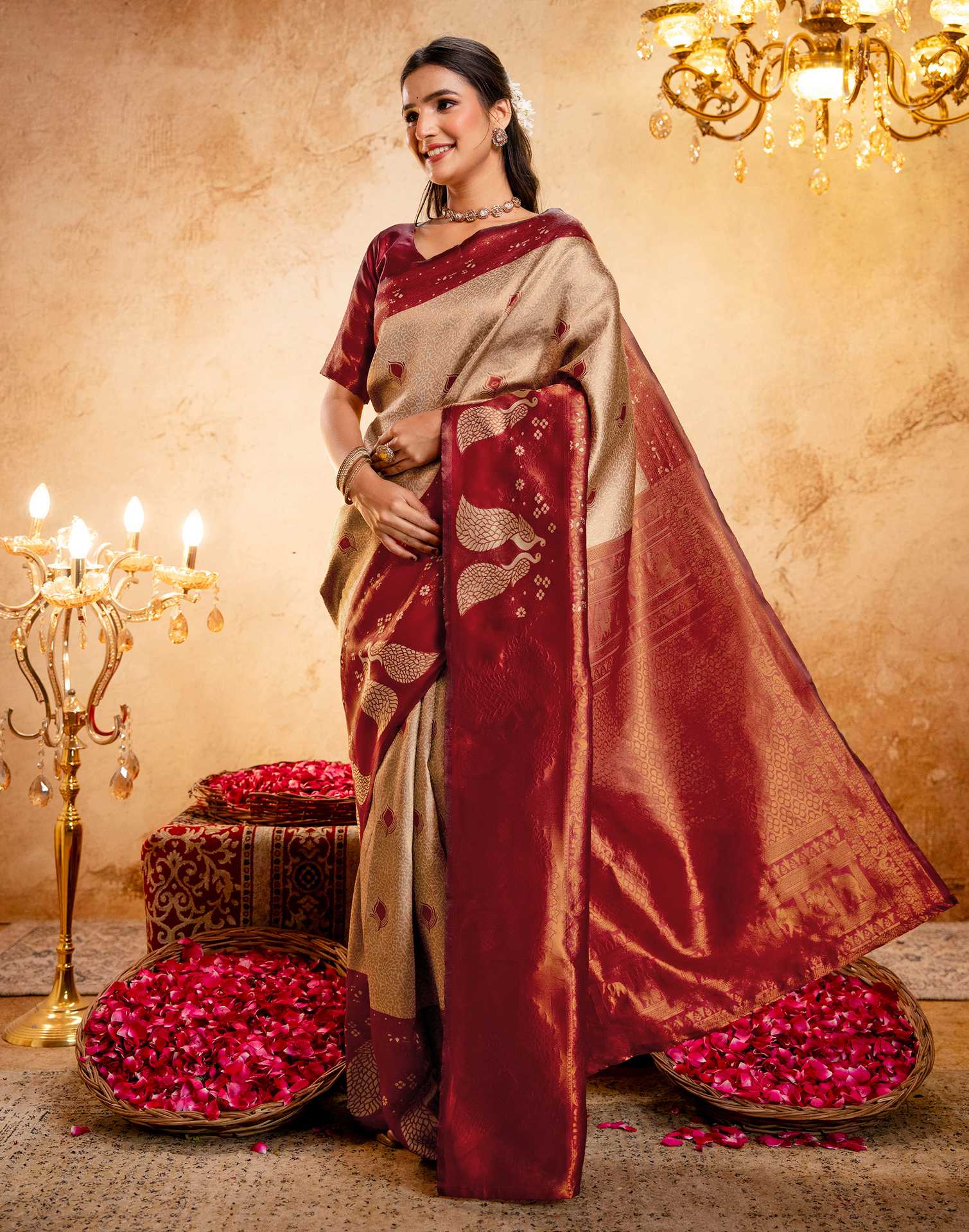 Beige Silk Woven Kanjivaram Saree