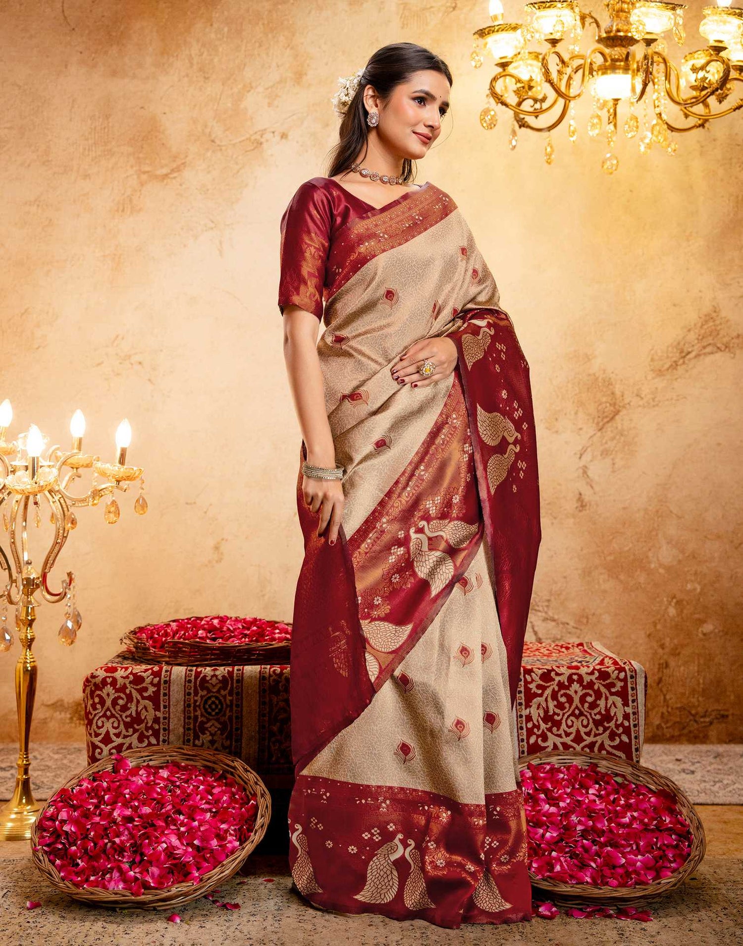 Beige Silk Woven Kanjivaram Saree