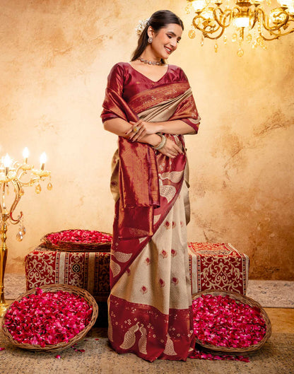 Beige Silk Woven Kanjivaram Saree