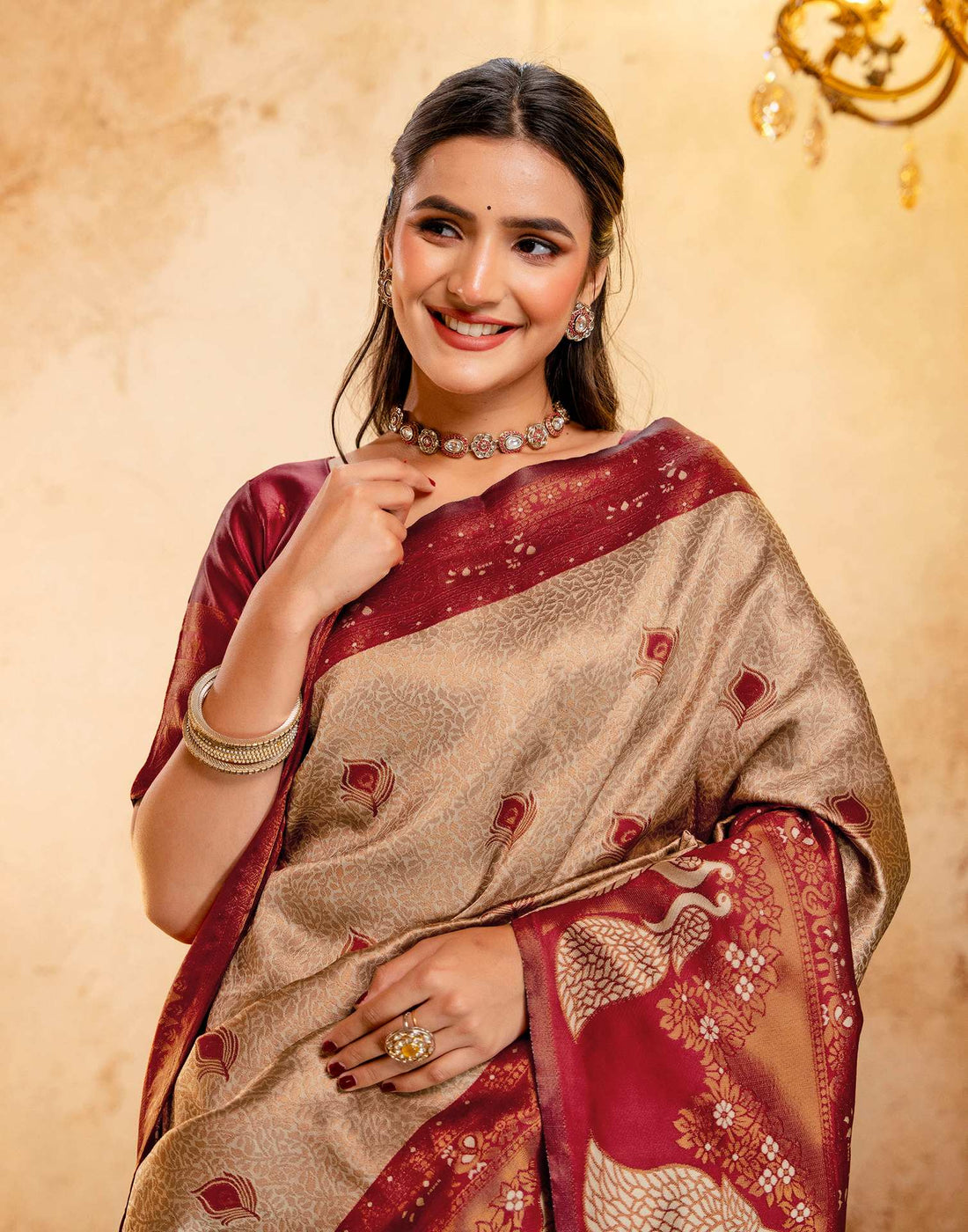 Beige Silk Woven Kanjivaram Saree