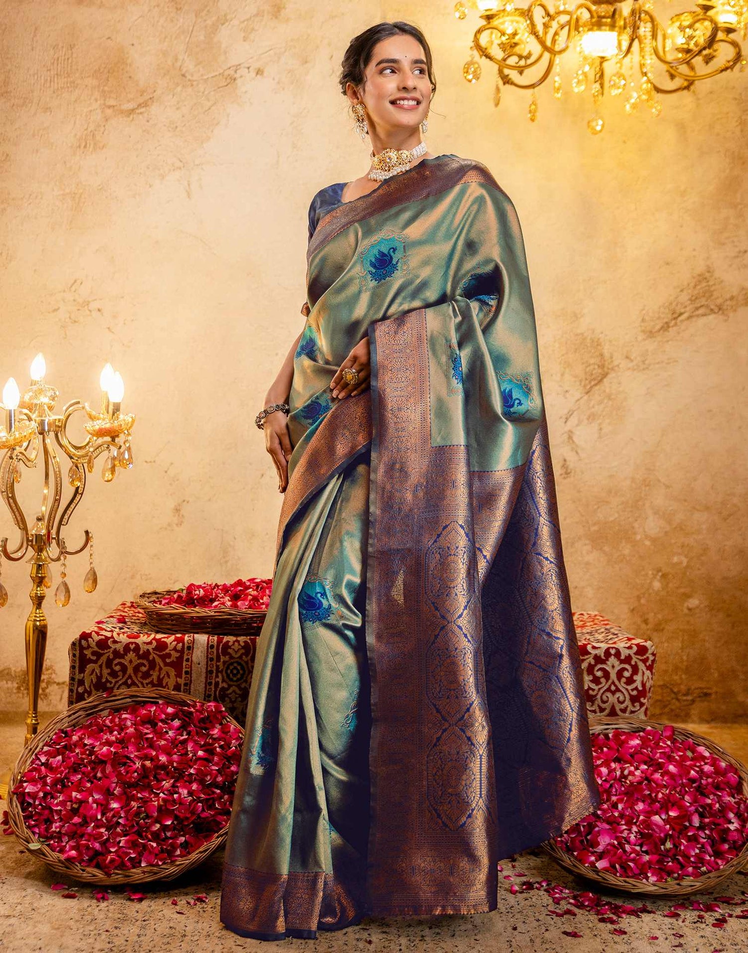 Teal Green Silk Woven Kanjivaram Saree