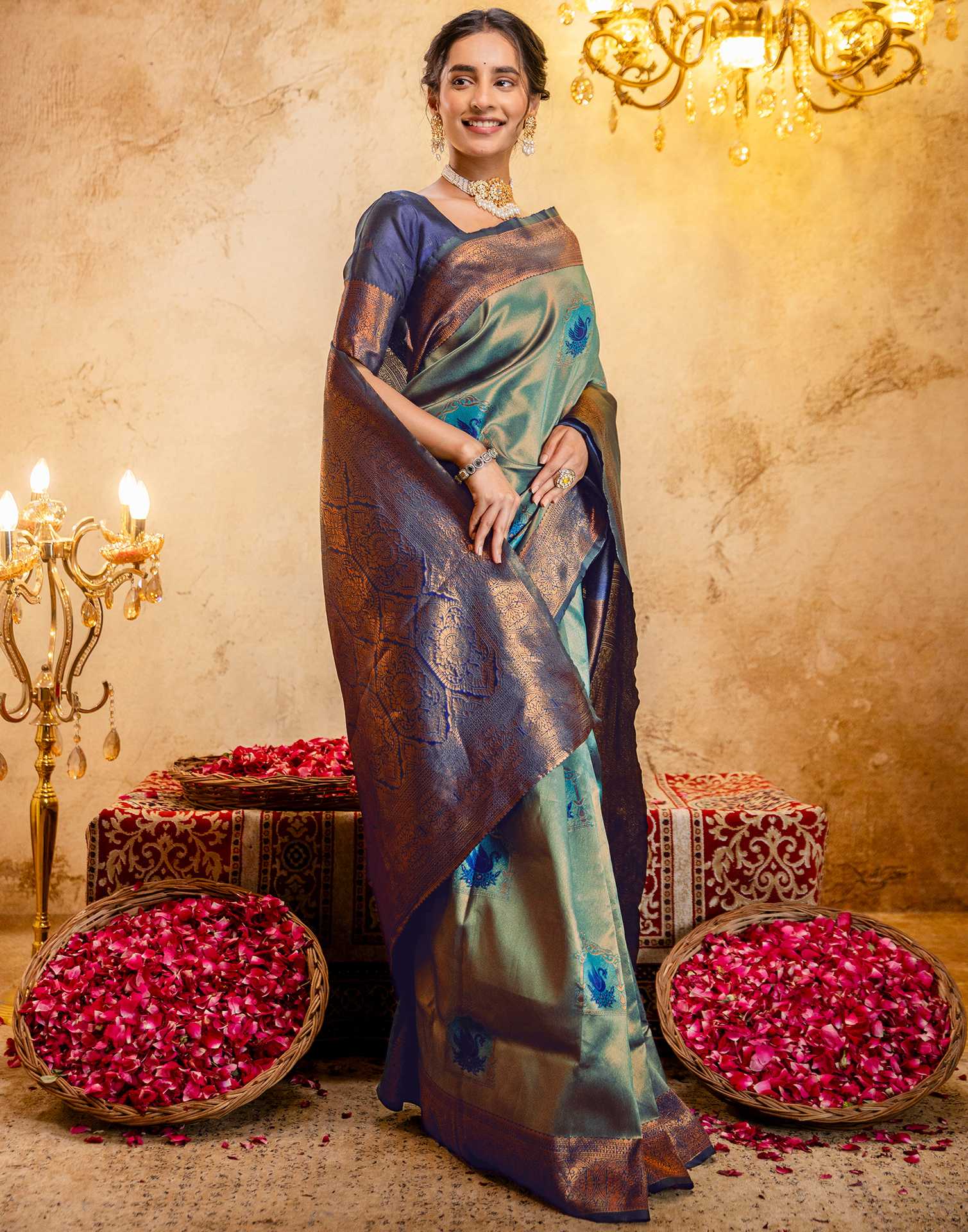 Teal Green Silk Woven Kanjivaram Saree