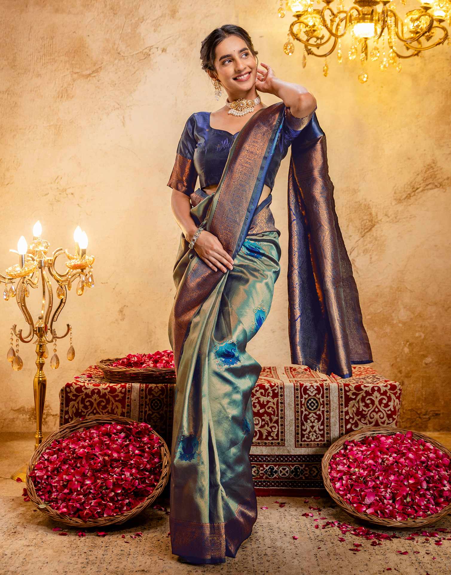 Teal Green Silk Woven Kanjivaram Saree