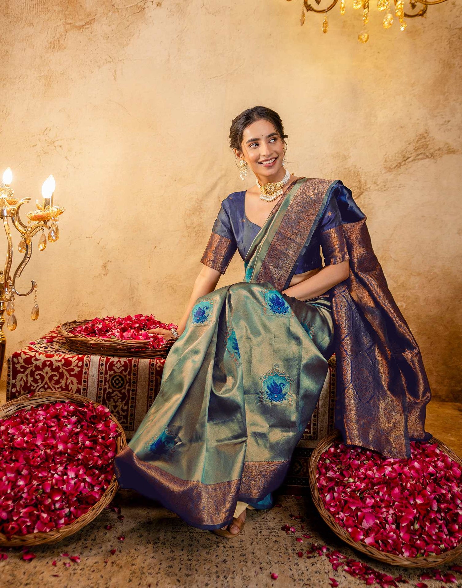 Teal Green Silk Woven Kanjivaram Saree