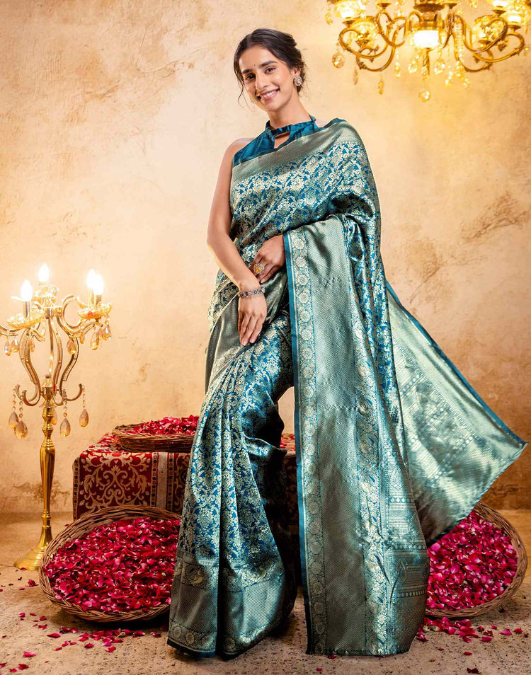 Rama Blue Silk Woven Banarasi Saree