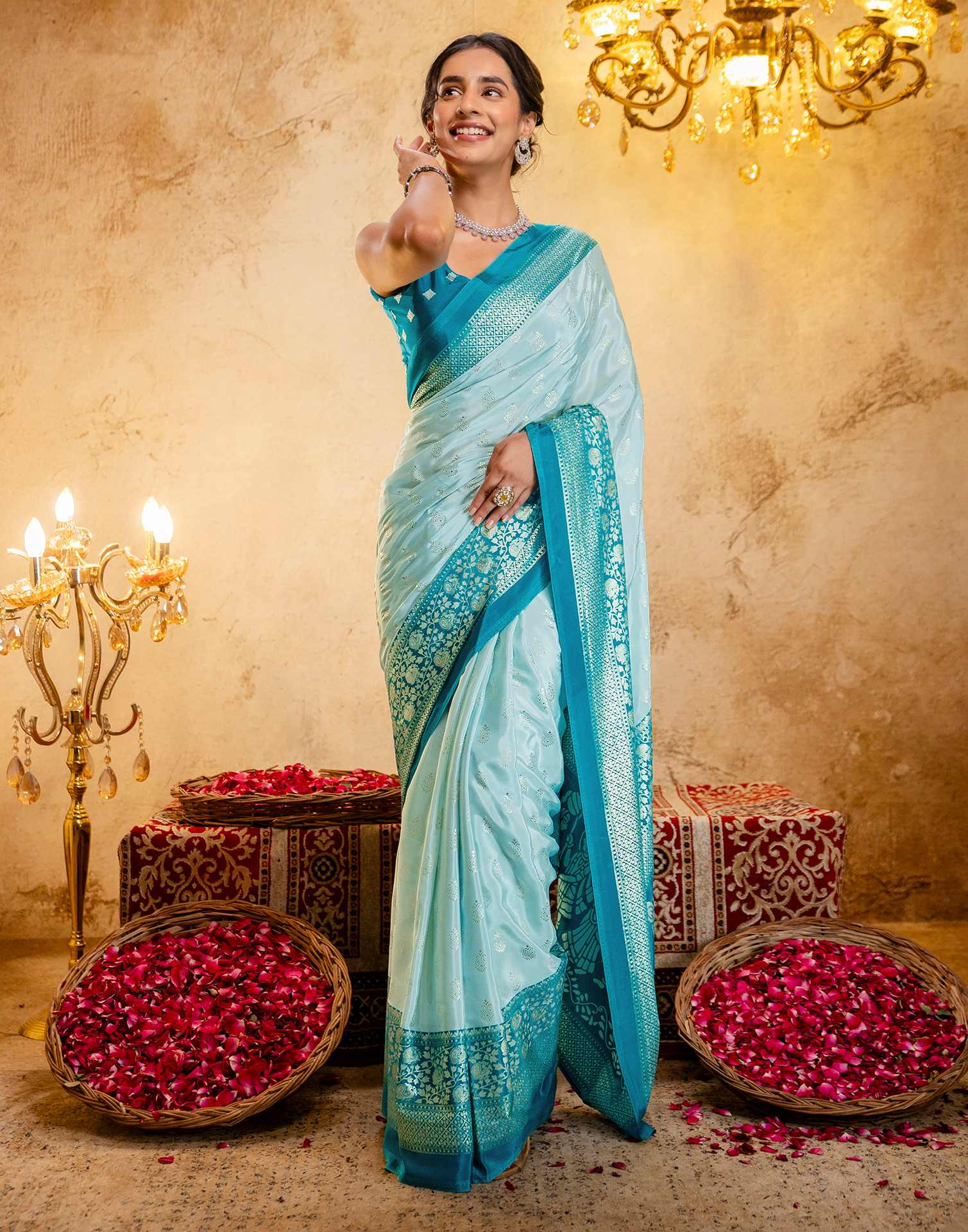Light Mint Blue Crepe Silk Foil Printed Saree