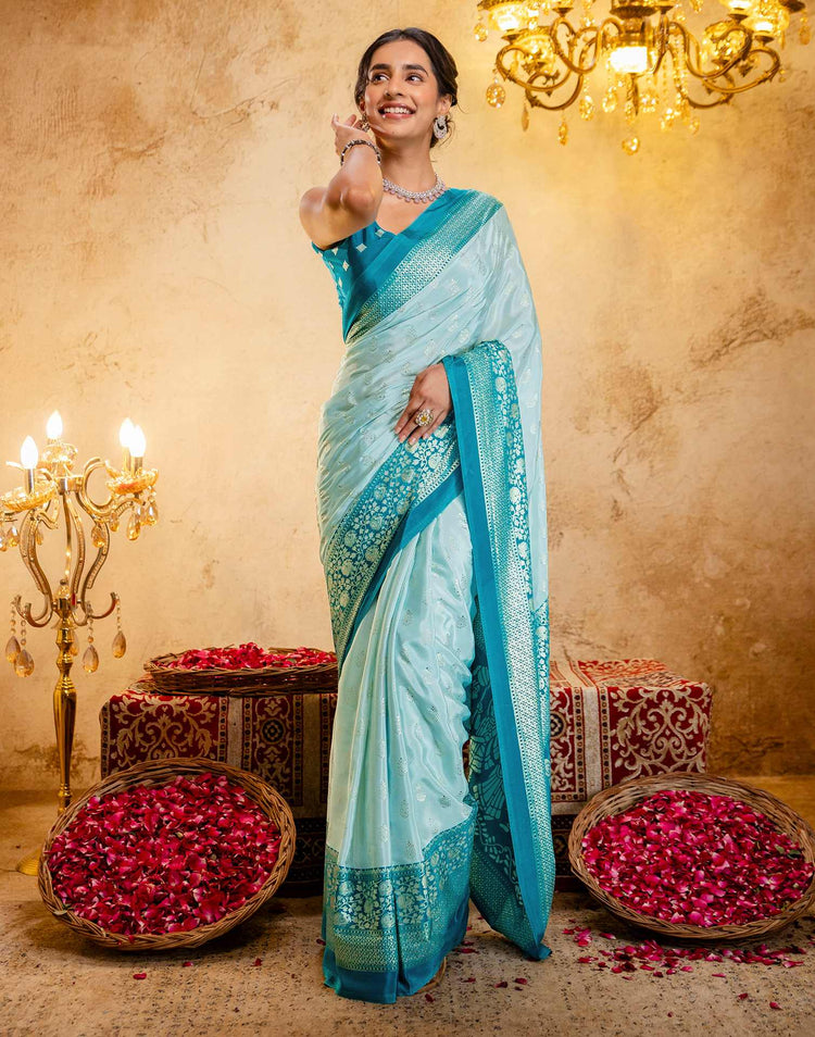 Light Mint Blue Crepe Silk Foil Printed Saree