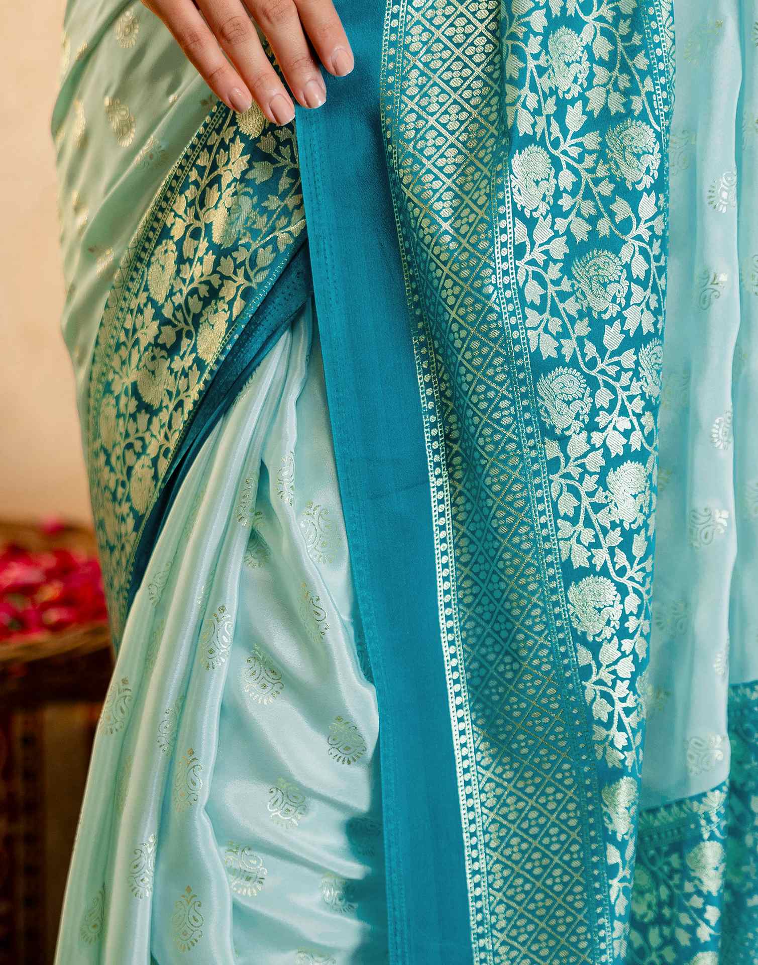 Light Mint Blue Crepe Silk Foil Printed Saree