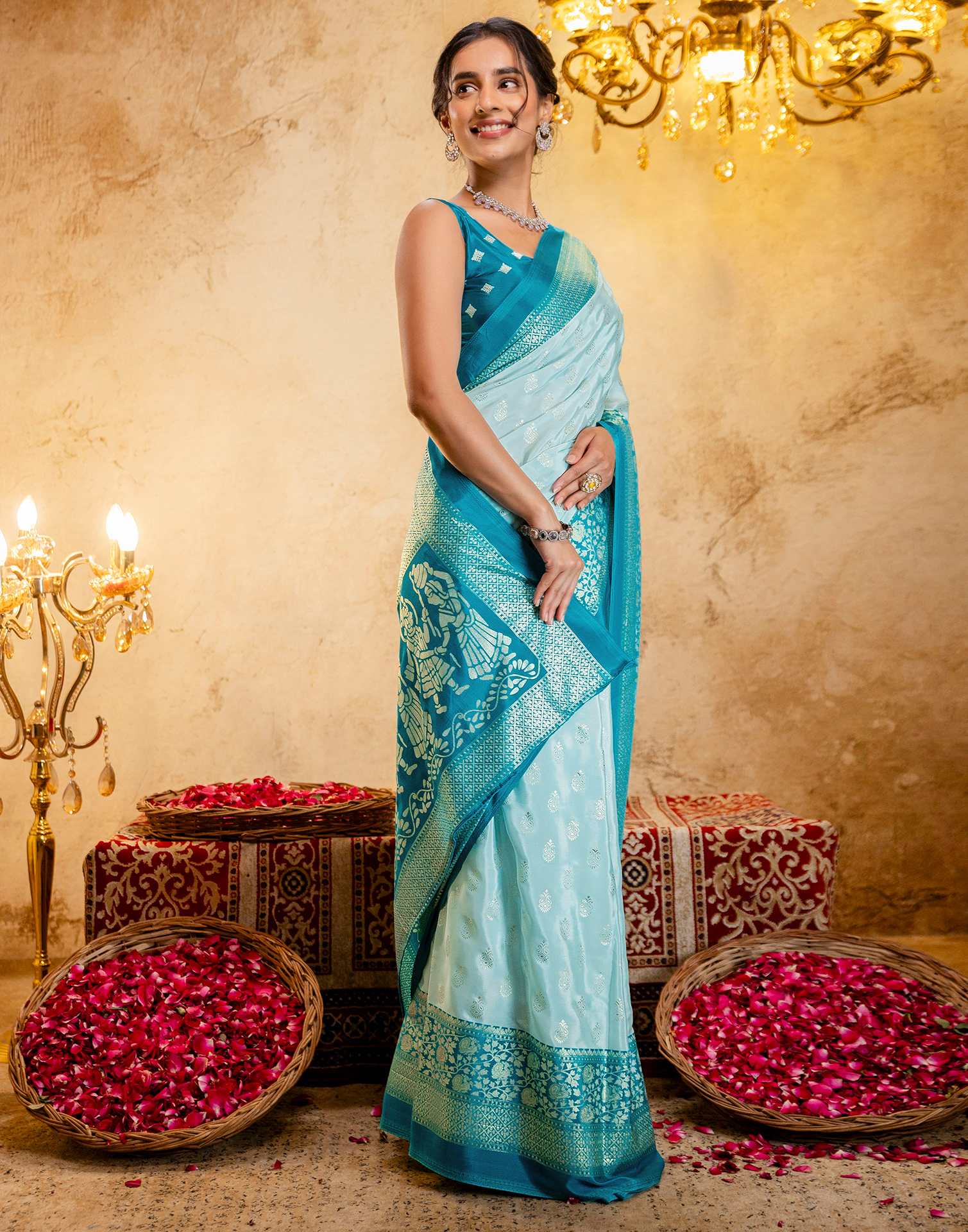 Light Mint Blue Crepe Silk Foil Printed Saree