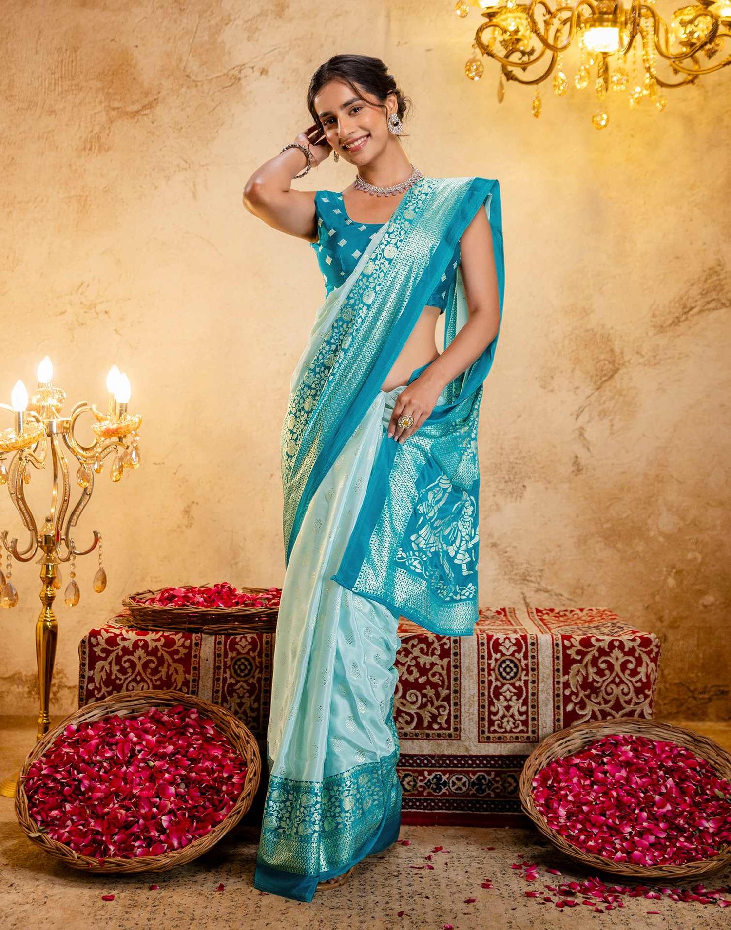 Light Mint Blue Crepe Silk Foil Printed Saree