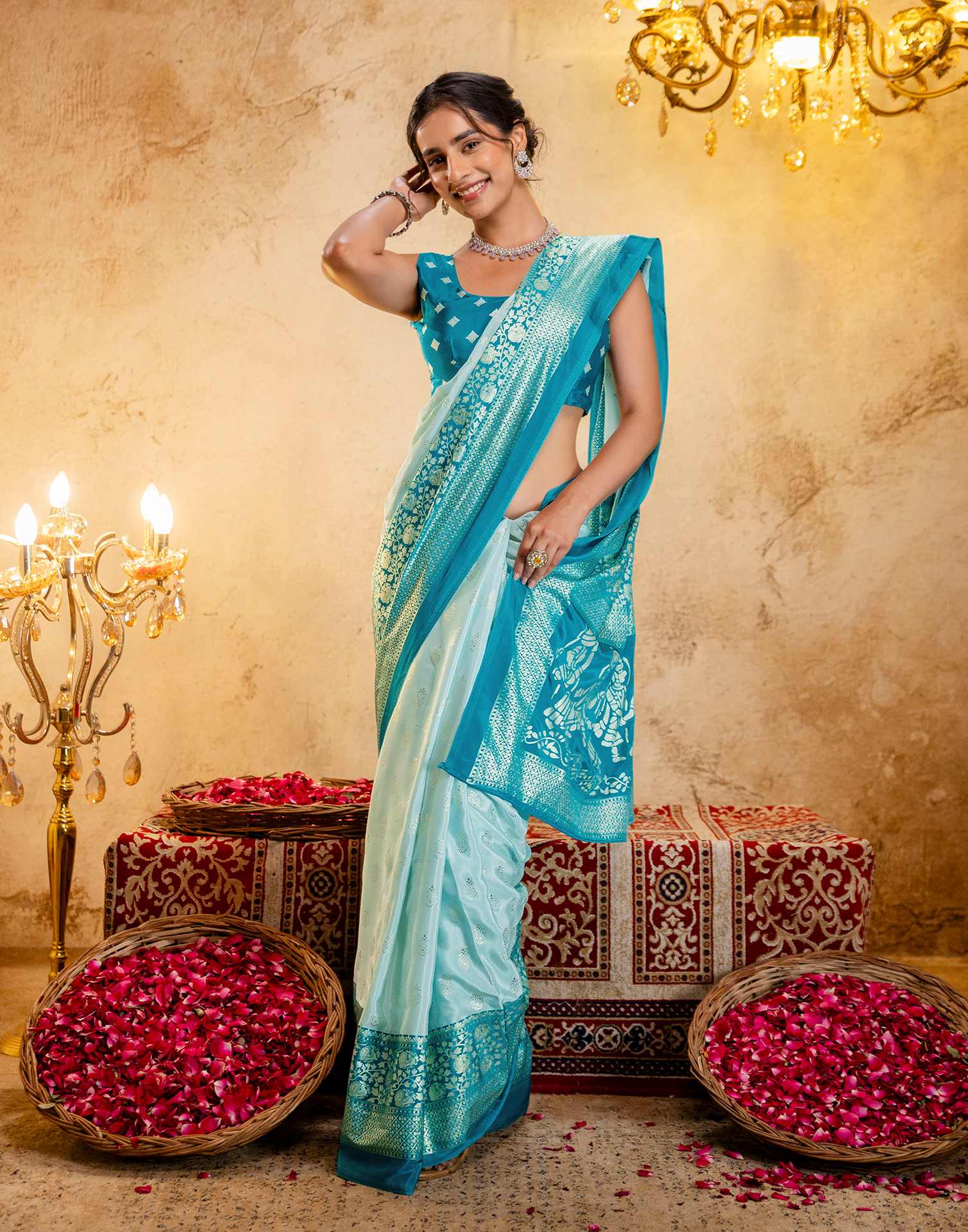 Light Mint Blue Crepe Silk Foil Printed Saree