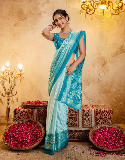 Light Mint Blue Crepe Silk Foil Printed Saree
