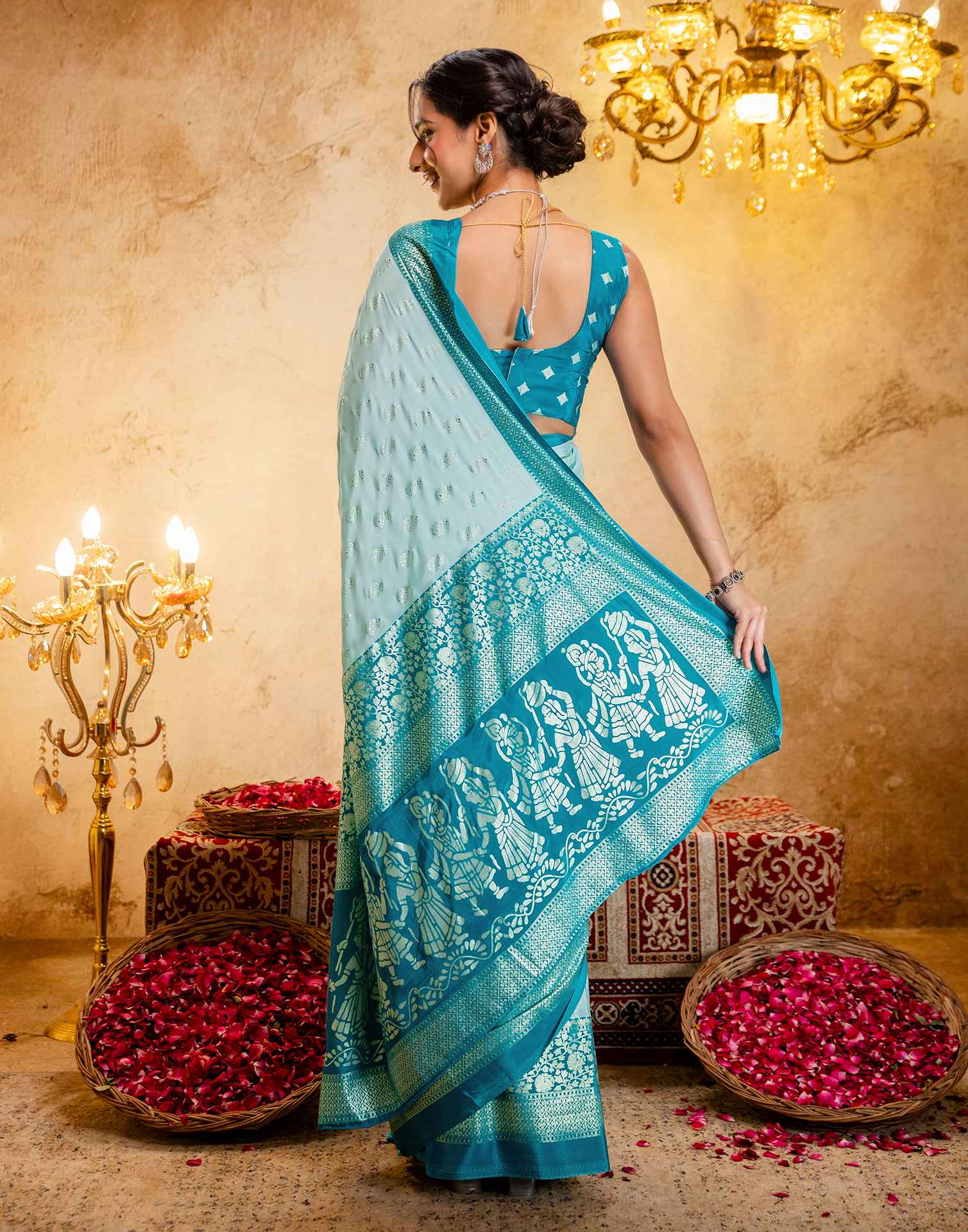 Light Mint Blue Crepe Silk Foil Printed Saree