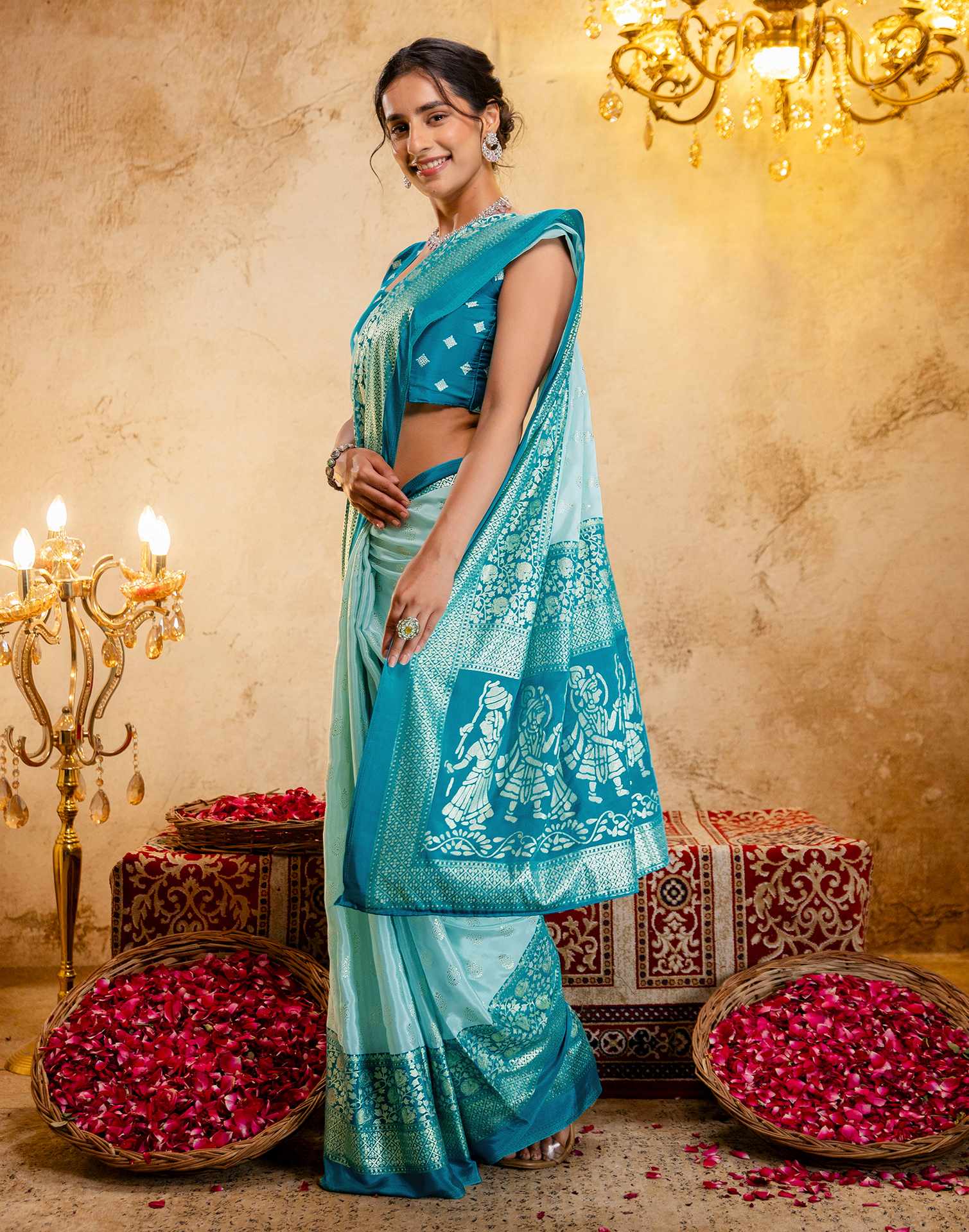 Light Mint Blue Crepe Silk Foil Printed Saree