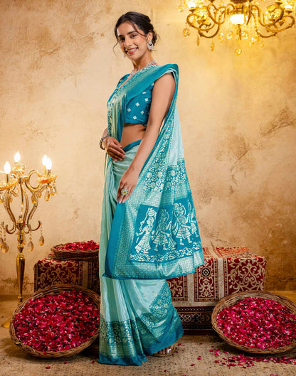Light Mint Blue Crepe Silk Foil Printed Saree