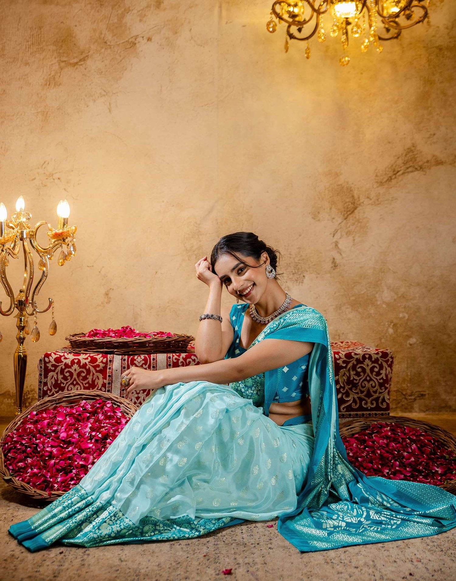 Light Mint Blue Crepe Silk Foil Printed Saree