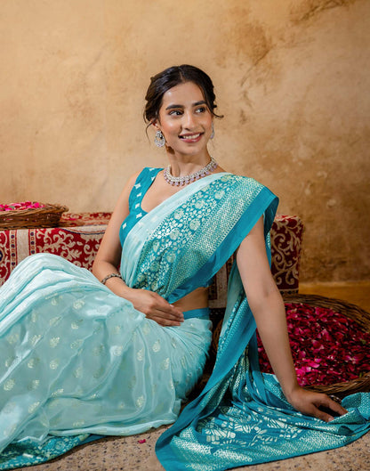 Light Mint Blue Crepe Silk Foil Printed Saree