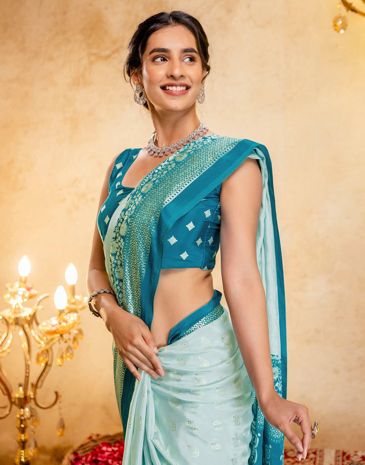 Light Mint Blue Crepe Silk Foil Printed Saree