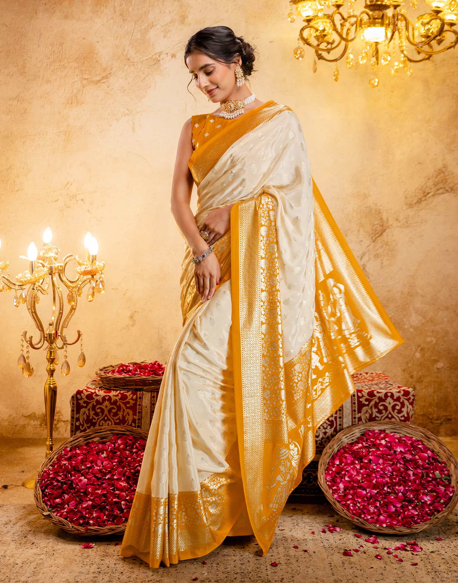 Beige Crepe Silk Foil Printed Saree