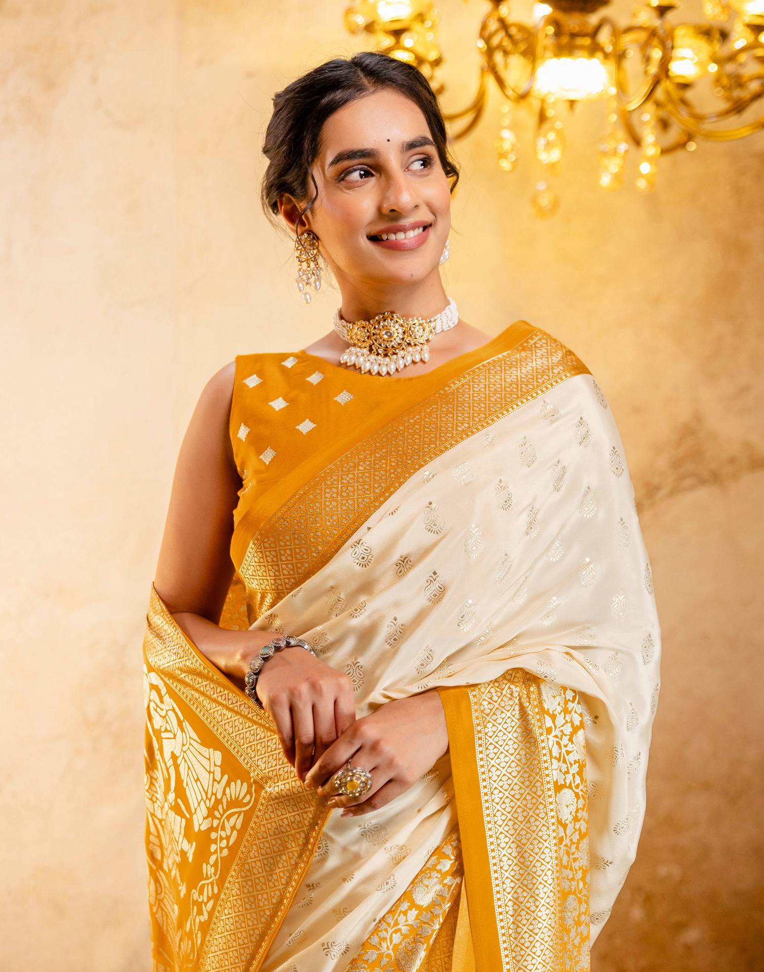 Beige Crepe Silk Foil Printed Saree