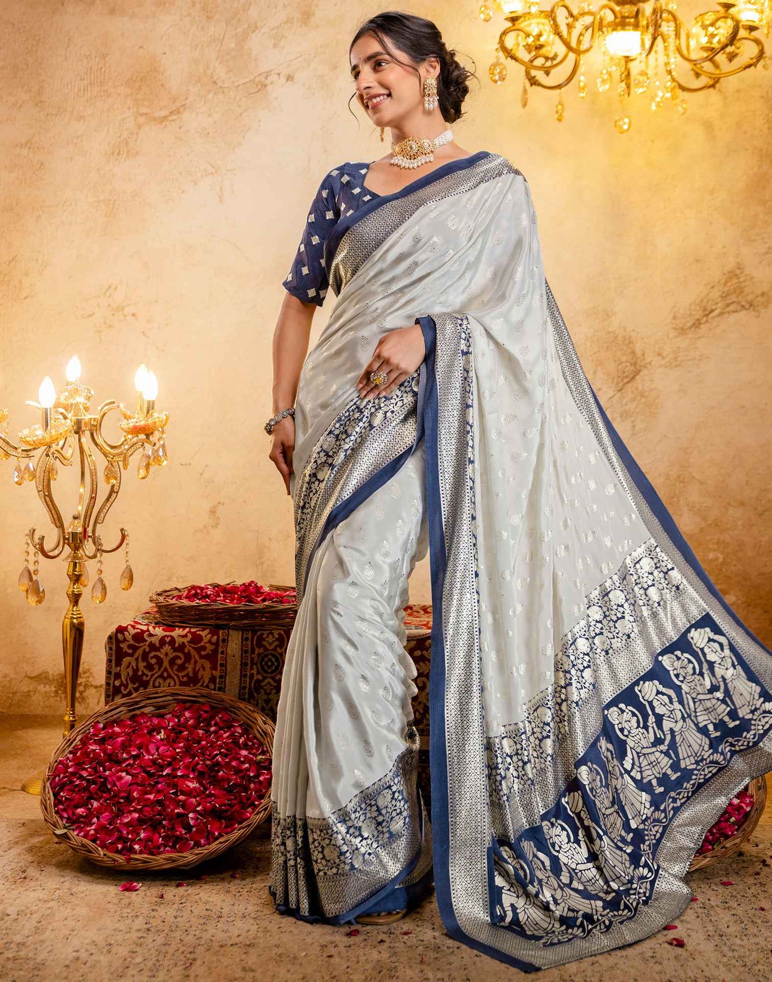 Off White Crepe Silk Foil Printed Saree