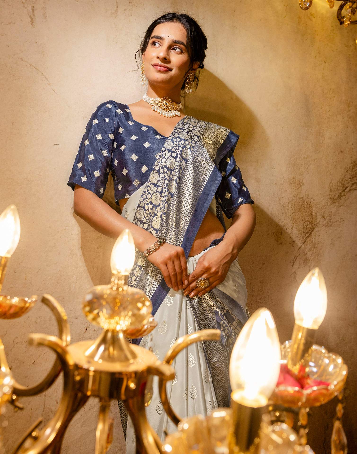 Off White Crepe Silk Foil Printed Saree