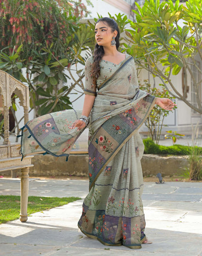 Ash Grey Linen Floral Printed Saree