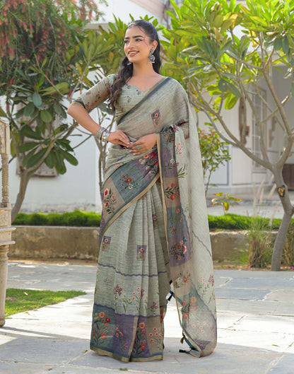 Ash Grey Linen Floral Printed Saree