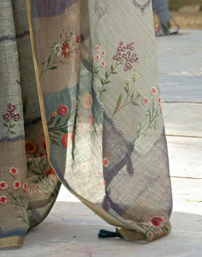 Ash Grey Linen Floral Printed Saree