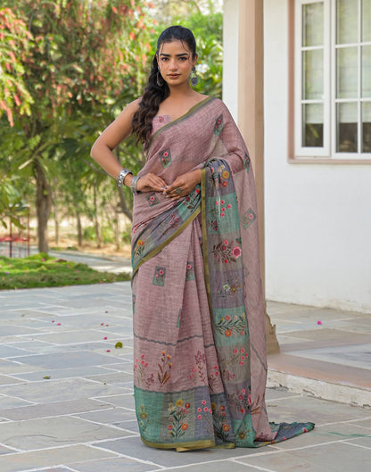 Mauve Linen Floral Printed Saree