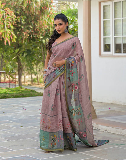 Mauve Linen Floral Printed Saree