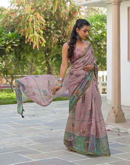 Mauve Linen Floral Printed Saree