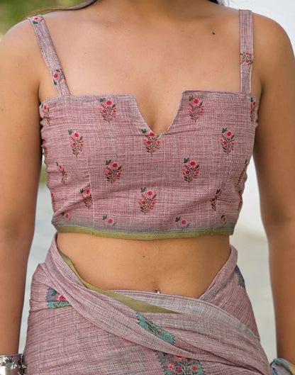 Mauve Linen Floral Printed Saree