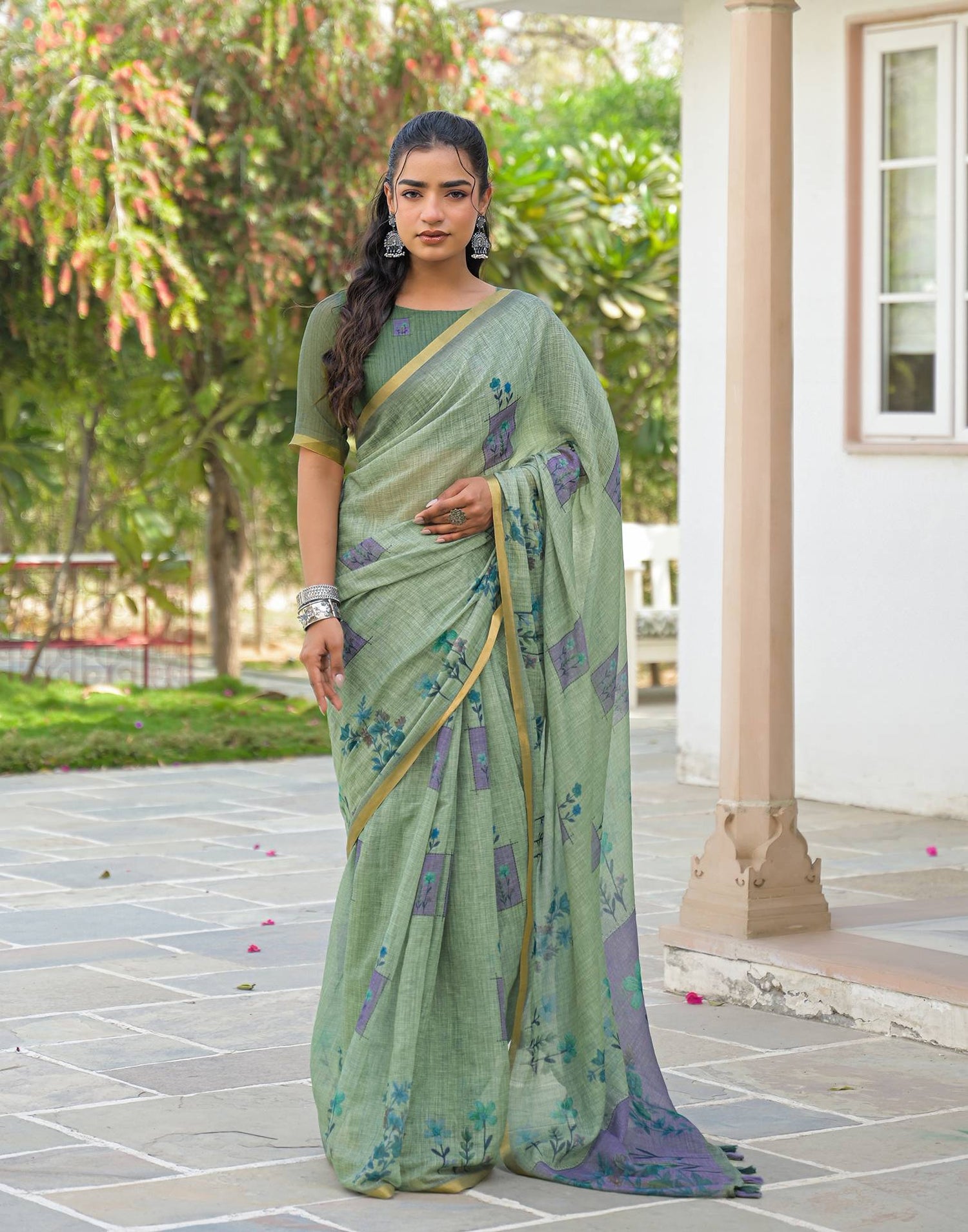 Dusty Green Linen Floral Printed Saree
