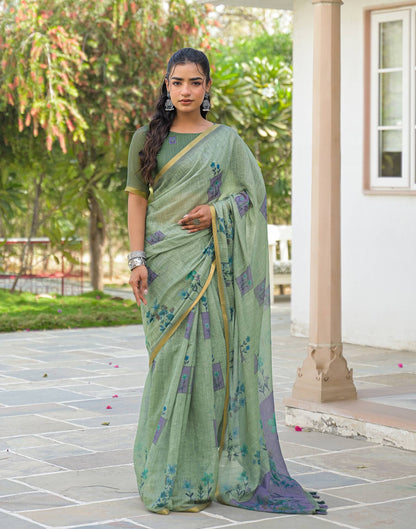 Dusty Green Linen Floral Printed Saree